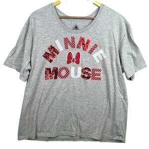 Disney Minnie Mouse Grey Red Embroidered Sequin BOW Embroidered T-shirt Women XL